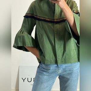 Zara Women's Bohemian Tribal Olive Embroidered Fringe Bell Sleeve Jacket Size S
